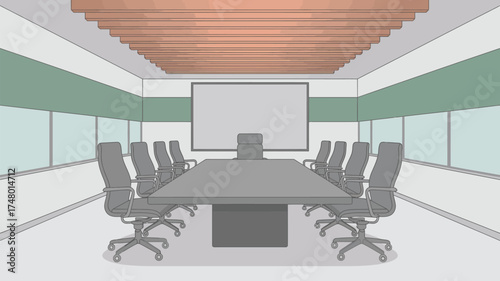 Illustration of a conference room with a large table chairs and a projection screen in the front