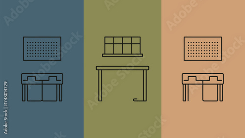 Illustration featuring furniture and wall decor on a tri colored background in a minimalist style