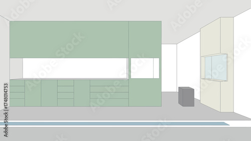 Illustration of a modern kitchen with light green cabinets and a gray block in the corner