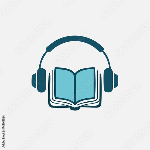 An open book with headphones over it, symbolizing audiobooks or listening to literature.