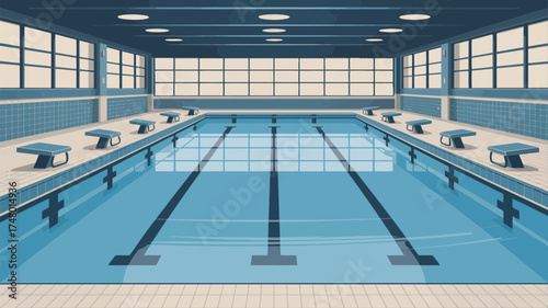 A cartoon swimming pool with starting blocks and lane markers in an indoor swimming facility area