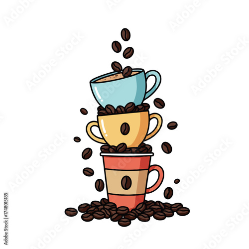 Colorful illustration of stacked coffee cups with coffee beans spilling out against a clean white background.