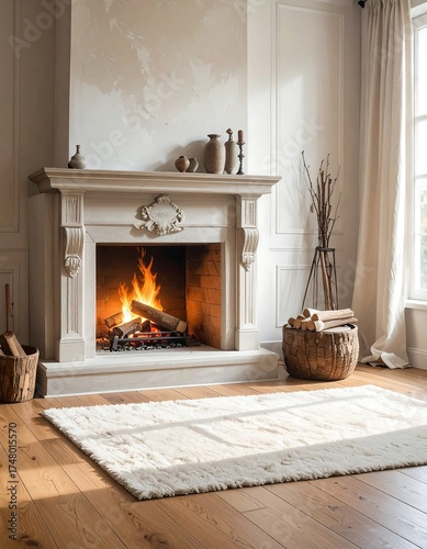 Cream rug in front of a fireplace in a light beige room