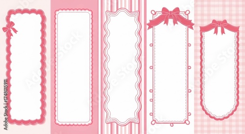 Five pink and white vertical frames with bows and scalloped edges on pink patterned backgrounds