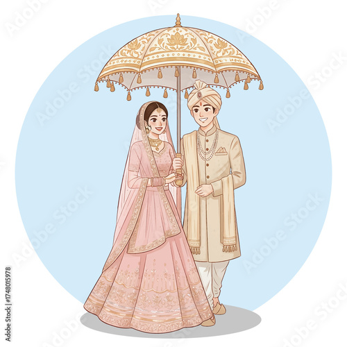 Indian Bride and Groom under Decorative Umbrella – Traditional Wedding Couple Illustration