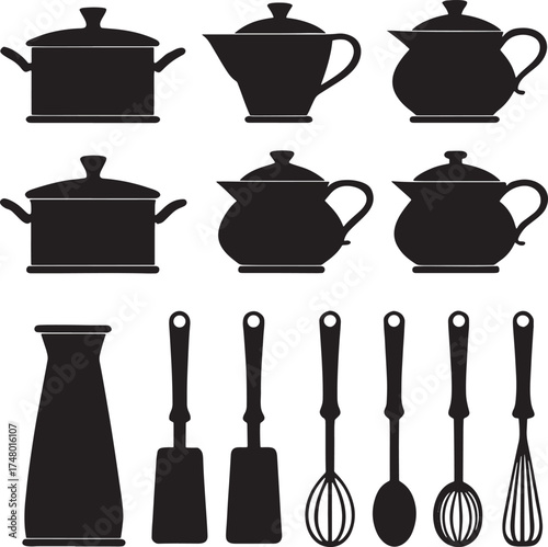 Kitchen Utensils and Pots Silhouette Set