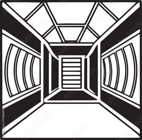 Futuristic Interior with Windows and Door