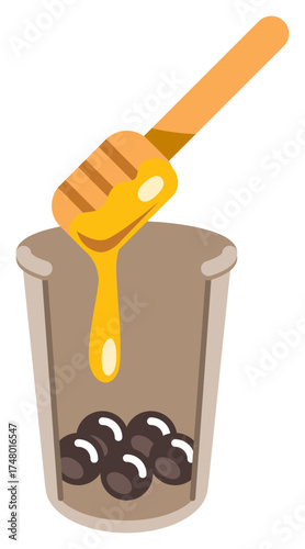 Vector icon of honey or syrup being poured onto tapioca pearls inside a cup for bubble tea.