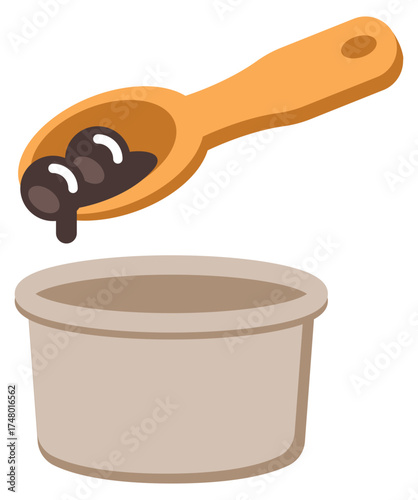 Vector icon of a spoon adding cooked boba into a cup, showing bubble tea ingredient preparation.