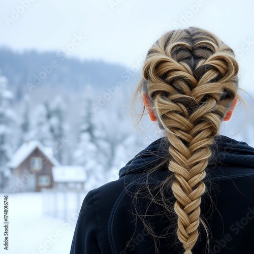 photo of a woman with heart-shaped braid hairstyle, seen from behind, standing in snowy winter landscape with blurred cabin.