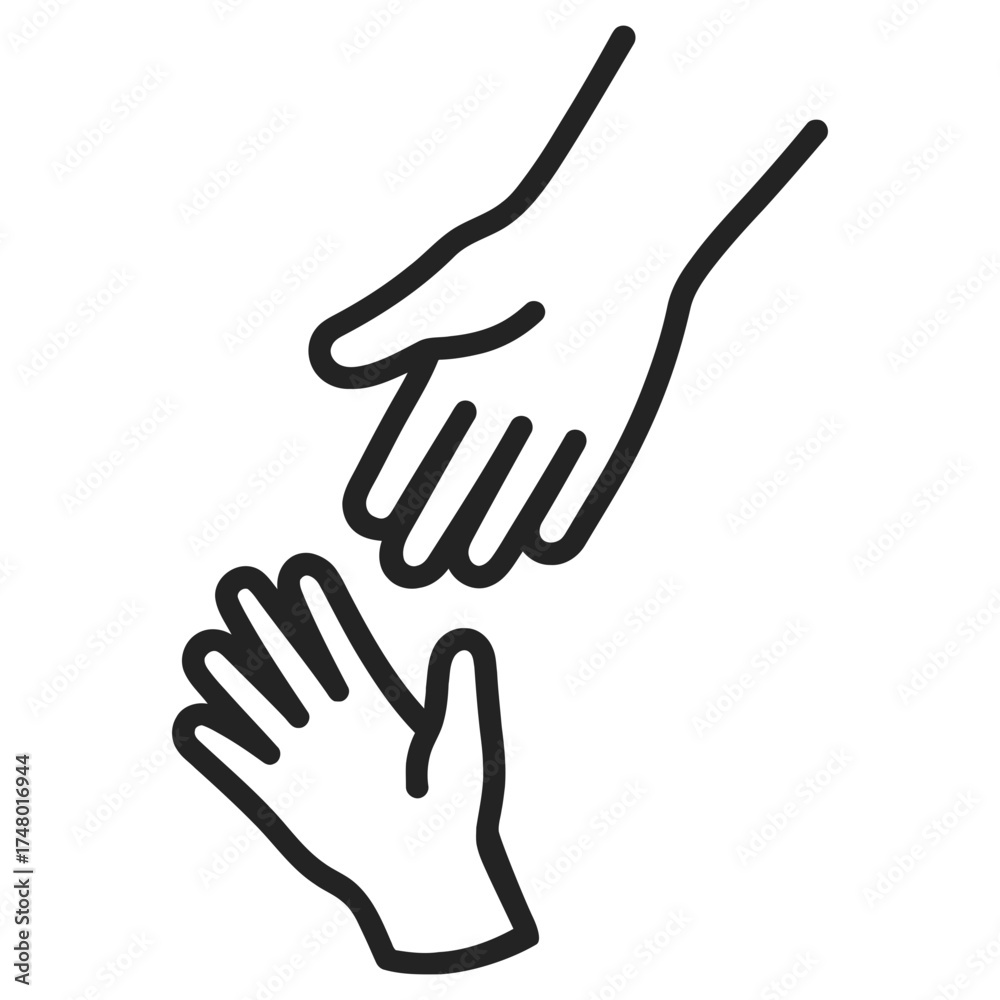 Obraz premium Two hands reaching toward each other, help support assistance icon, black line