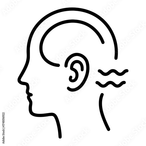 Head profile with ear and wavy lines, tinnitus ringing hearing problem icon