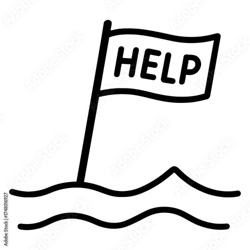 Help flag amid water waves, drowning distress signal rescue emergency icon