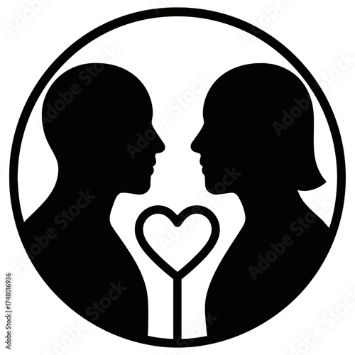 Silhouette man and woman face to face in circle with heart, romantic couple love icon