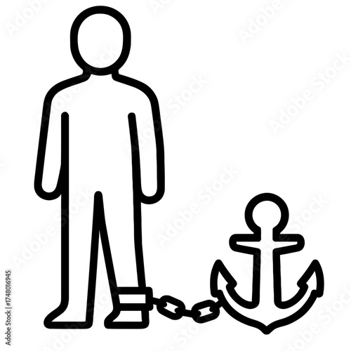 Person chained to heavy anchor at ankle, burden restraint stuck stress icon