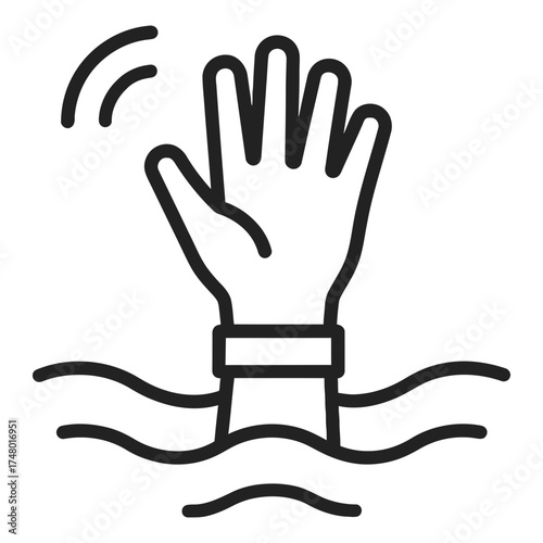 Hand waving above water waves, drowning distress help SOS, black line icon