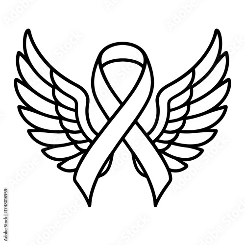 Awareness ribbon with angel wings, hope support memorial icon, black lin