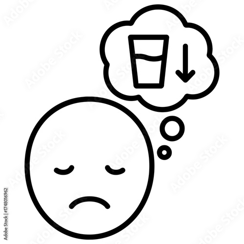 Sad face thinking of emptying glass with down arrow, dehydration thirst icon