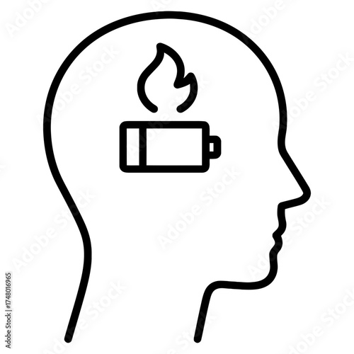 Human head profile with burning battery icon, mental burnout stress exhaustion