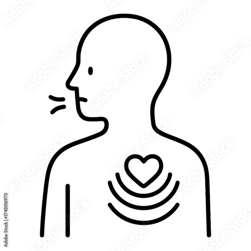 Person breathing, heart with radiating waves on chest, honest communication icon