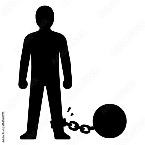 Silhouette person with ball and chain on ankle, burden debt captivity icon