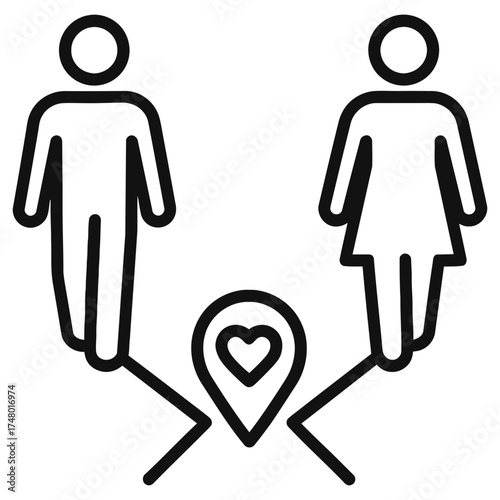 Man and woman approach heart map pin, dating meetup location icon, black line