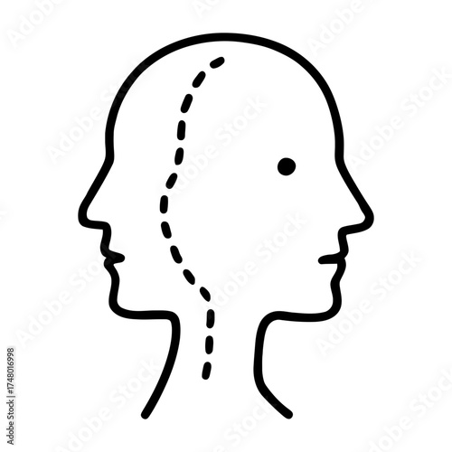 Dual human heads back to back with dashed split line, schizophrenia icon