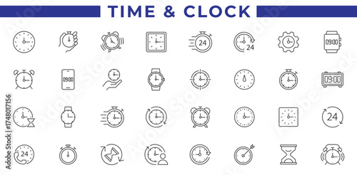 Time and Clock Line Icons. Stopwatch, Timer, Alarm, Watch, and Time Management Vector Outline Icon Set