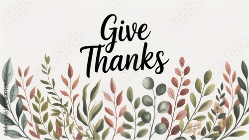 Give thanks text with floral leaves border in muted colors for fall or thanksgiving design theme