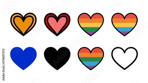 Vector art of assortment of heart shapes including rainbow, solid colors, and outlines