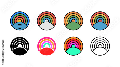 Vector art of collection of abstract rainbow circles with varied backgrounds and outlines