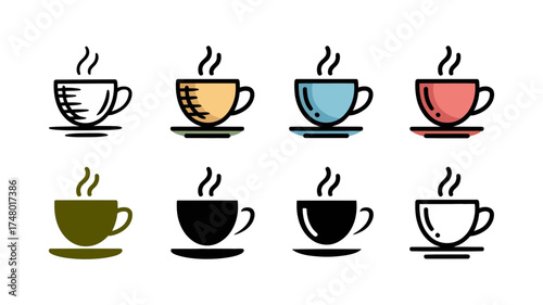 Vector art of collection of eight steaming coffee cups in various colors and styles