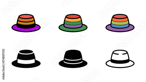 Vector art of assortment of six hat icons featuring rainbow colors and solid black