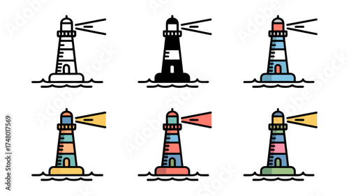 Vector art of collection of six lighthouse icons in various styles and colors