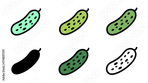 Vector art of set of six cartoonstyle cucumber icons in various colors and styles