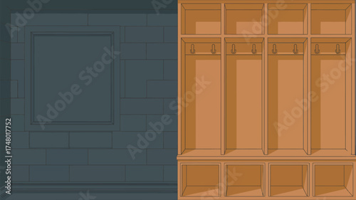 Illustration of a wooden locker with hooks next to a blue wall with a square indentation shape
