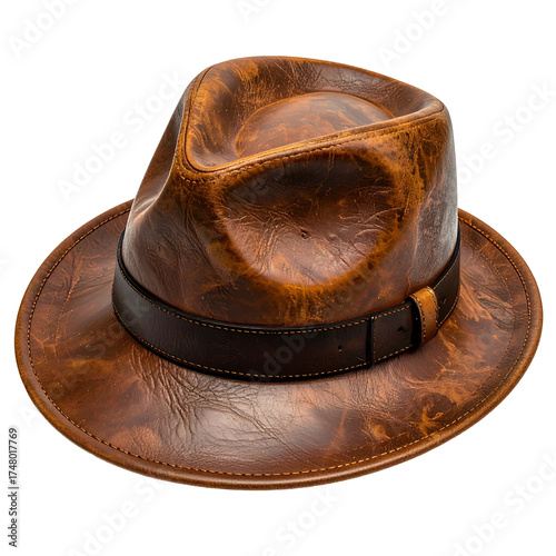 A vintage-style brown leather fedora hat, expertly shaped and isolated on a black background