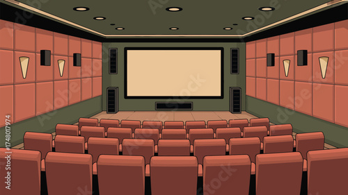 A cartoon illustration of a movie theater with red seats and a large screen in the front of the room