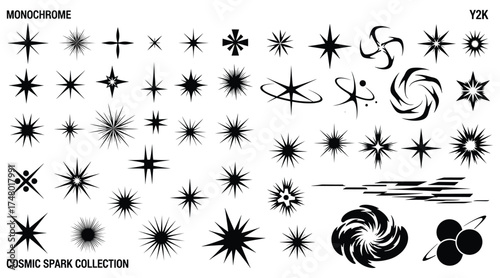 Vector art of monochrome cosmic spark collection, featuring various starburst and galaxy designs, ideal for adding a celestial or futuristic touch to projects