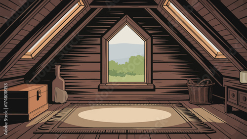 Attic room with wooden walls and floor featuring a window, rug, chest, and other furnishings inside