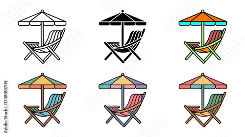 Vector art of set of beach chairs and umbrellas in various styles
