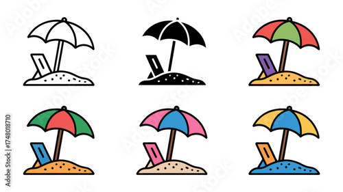 Vector art of collection of beach umbrellas and chairs on sand