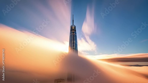 Epic Skyscraper Emerging from Clouds at Sunset with Motion Blur Effect.