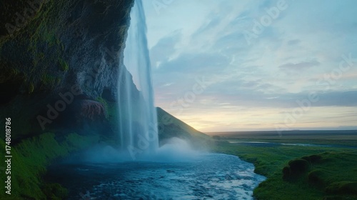 Seljalandsfoss waterfall plunging into pristine pool, illuminating dramatic sunset landscape with powerful natural beauty of iceland's rugged terrain