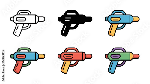 Vector art of assortment of six futuristic ray gun or laser pistol icons
