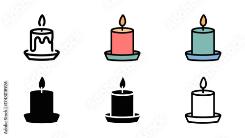 Vector art of set of six candle icons in different styles and colors