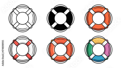 Vector art of set of six lifebuoy or life preserver icons in different colors