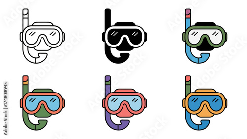 Vector art of set of six snorkel mask icons in different styles and colors