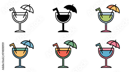 Vector art of collection of six cocktail icons, including outline, silhouette, and colorful variations
