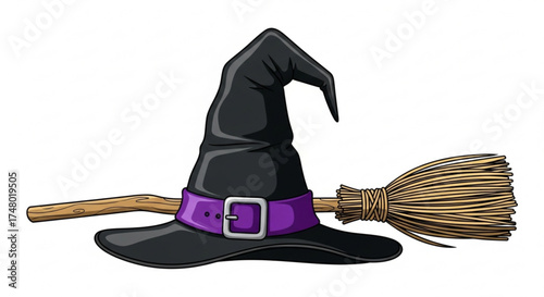 A whimsical illustration of a witchs hat and broom, the hat is black with a purple buckle, and the broom is made of straw